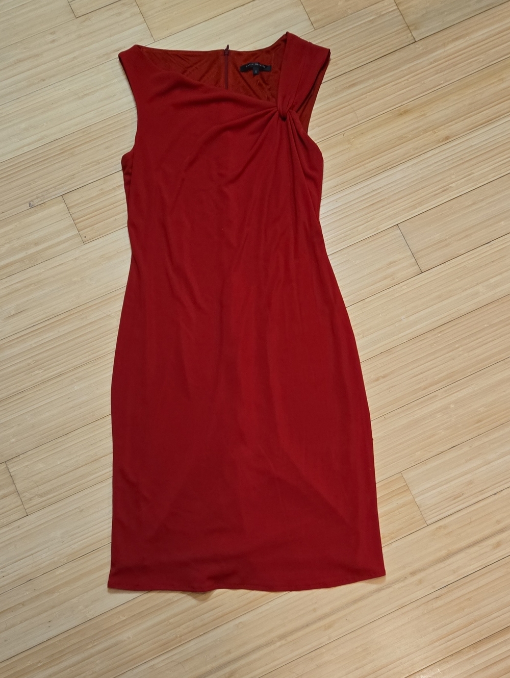 Vintage Y2K David Meister Lipstick Red Knot-Shoulder Midi Sheath Dress